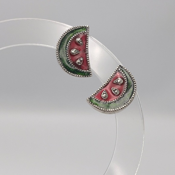 Vintage Avon Watermelon Slice Post Earrings Red Green Enamel Silver Tone Reto - Picture 5 of 11